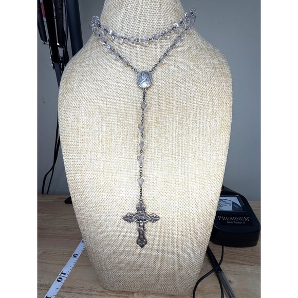 Sterling Silver & Crystal Beaded Rosary Necklace With Ornate Cross Pendant - Picture 1 of 13